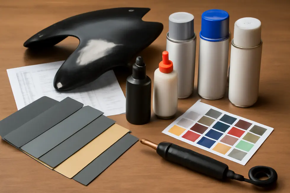 A technician carefully preparing and polishing a motorcycle fairing to restore its surface from scratches using specialized compounds and sanding tools.