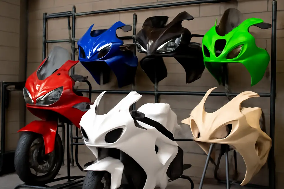 Diverse motorcycle fairing types available in Melbourne, illustrating OEM, aftermarket, fiberglass, and racing varieties.