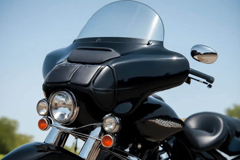 A Harley Touring motorcycle equipped with a model-specific fairing bag designed to perfectly fit the bike’s contours for optimal style and function.