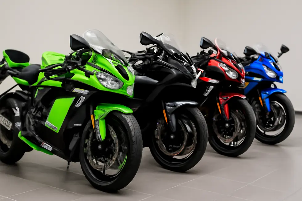 Close-up view showcasing titanium and carbon fiber materials used in high-performance Kawasaki motorcycle fairing kits.