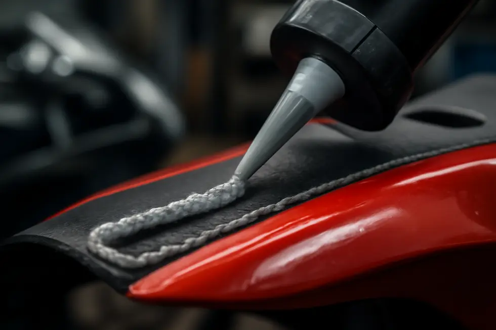 Foil-coated fiberglass and aluminum heat shields shielding motorcycle fairings from engine and exhaust heat.
