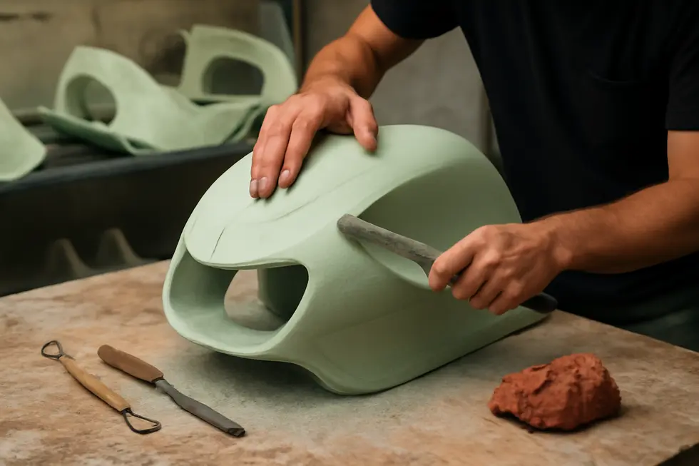 Design sketches and 3D modeling for a custom motorcycle fairing in a professional workspace.
