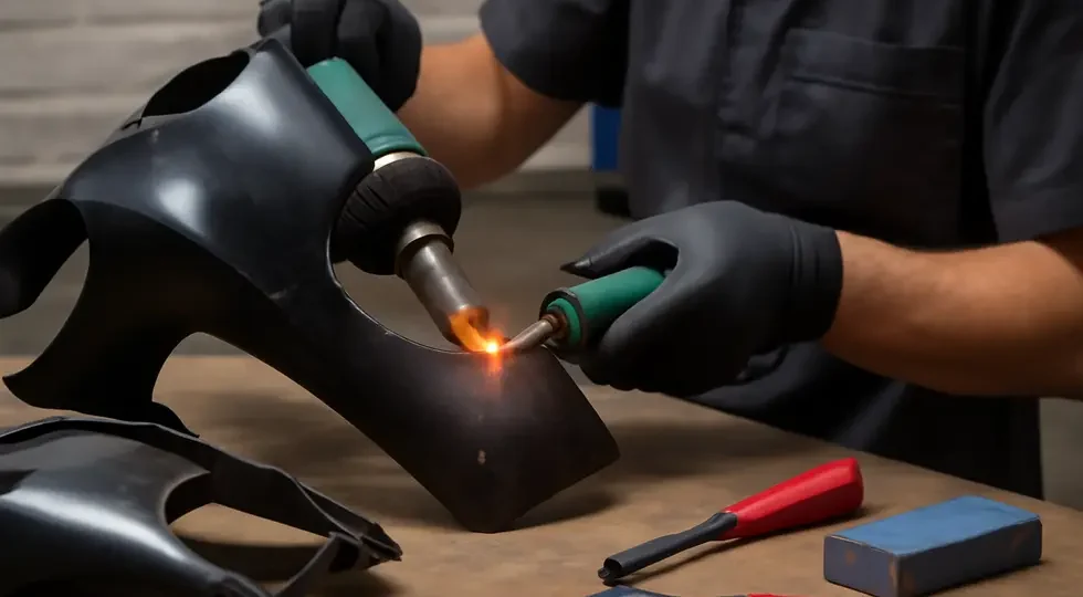 Technician welding an ABS motorcycle fairing in a professional workshop setting, demonstrating repair precision.
