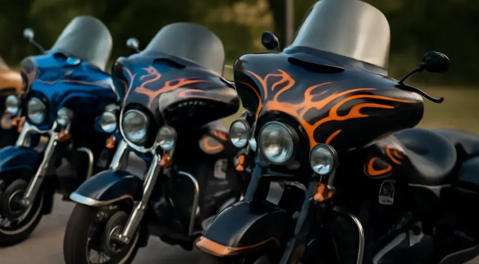 A lineup of touring motorcycles featuring diverse custom batwing fairing decals, illustrating market variety and personalization.
