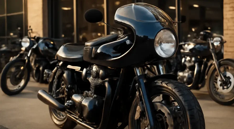 A stylish café racer motorcycle featuring a premium café fairing outside a modern showroom, blending vintage and modern elements.