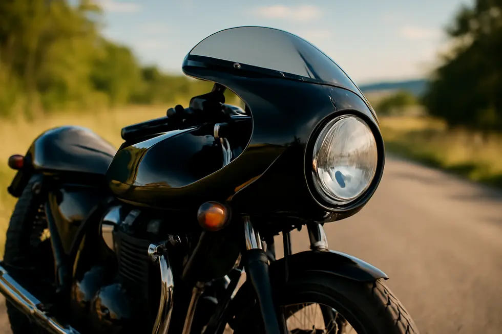 A streamlined cafe racer fairing mounted on a motorcycle headlight showcasing aerodynamic design and classic styling.