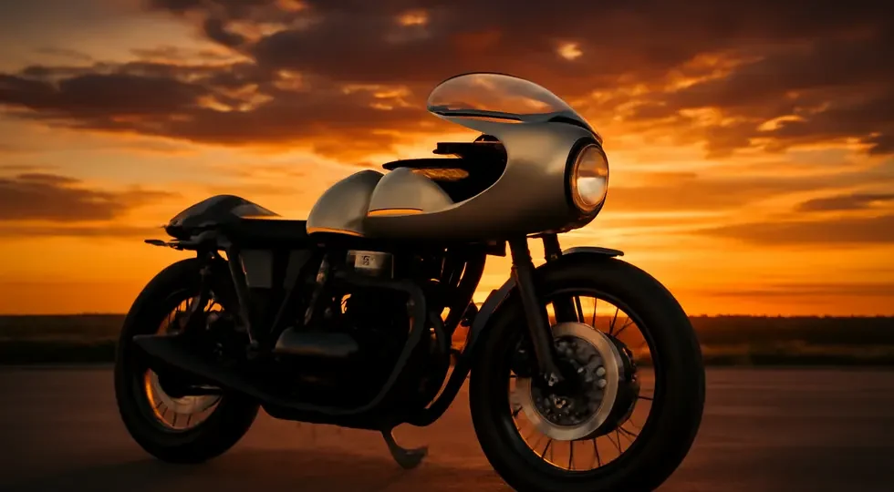 A classic cafe racer motorcycle with a retro-style fairing illuminated by sunset light, blending style and aerodynamics.