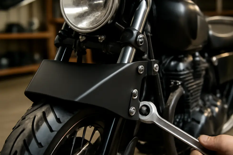 Urethane chin fairing installed with bolt-on hardware on a motorcycle’s front lower fairing.