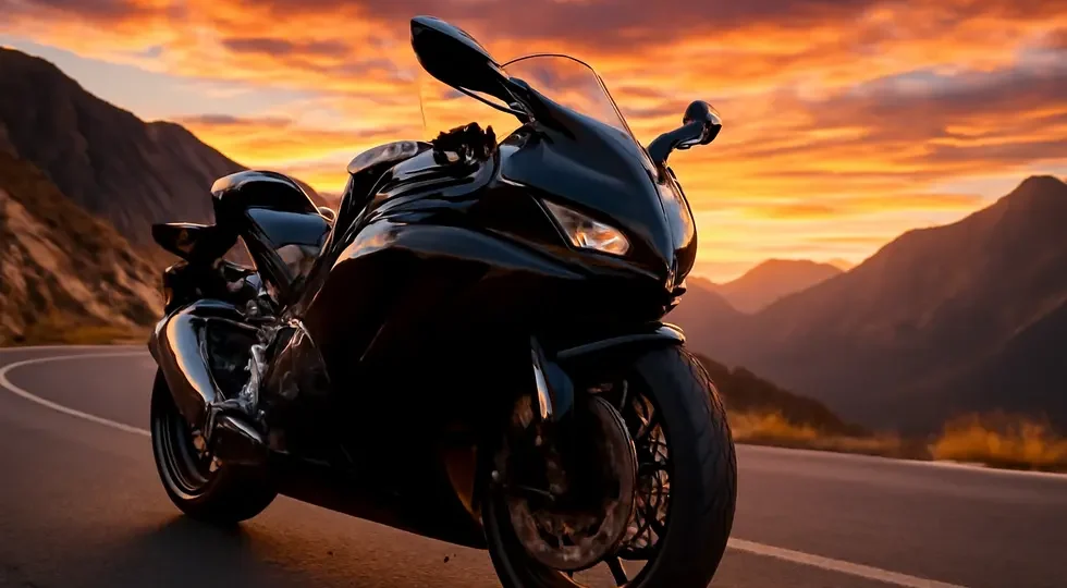 A sleek motorcycle featuring high-quality aerodynamic fairing covers in a picturesque sunset setting.