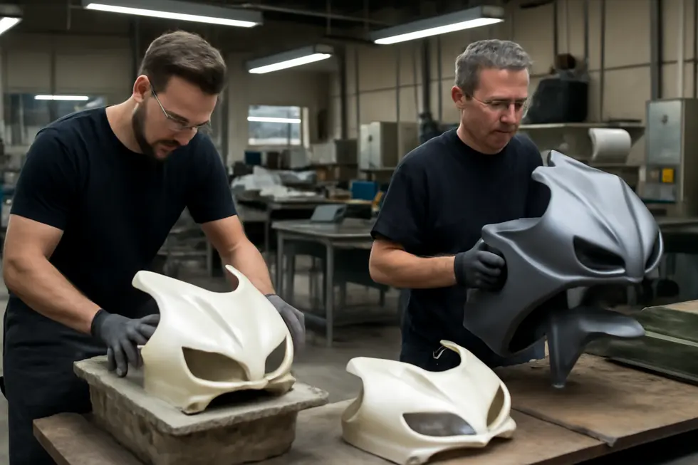 Technicians molding durable ABS and fiberglass fairing covers ensuring precise fitment and strength.