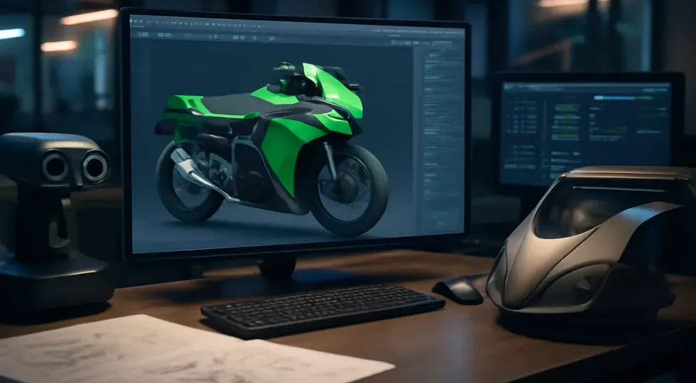 High-tech motorcycle design studio showcasing integrated fairing design software tools including CAD, 3D scanning, and MotoSPEC.