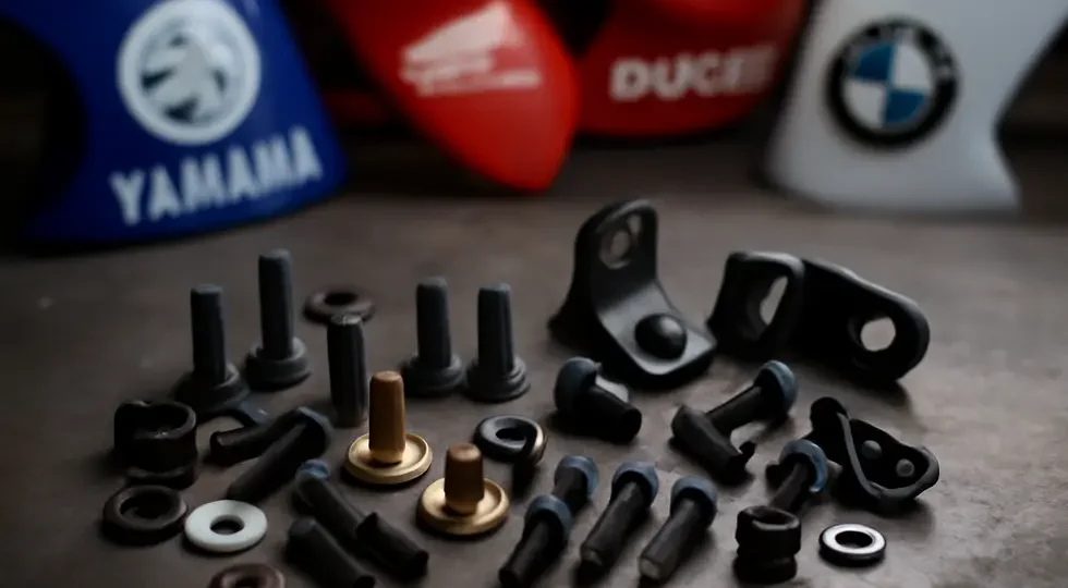 An assorted display of motorcycle fairing hardware components symbolizing customization, durability, and versatile applications across major brands.