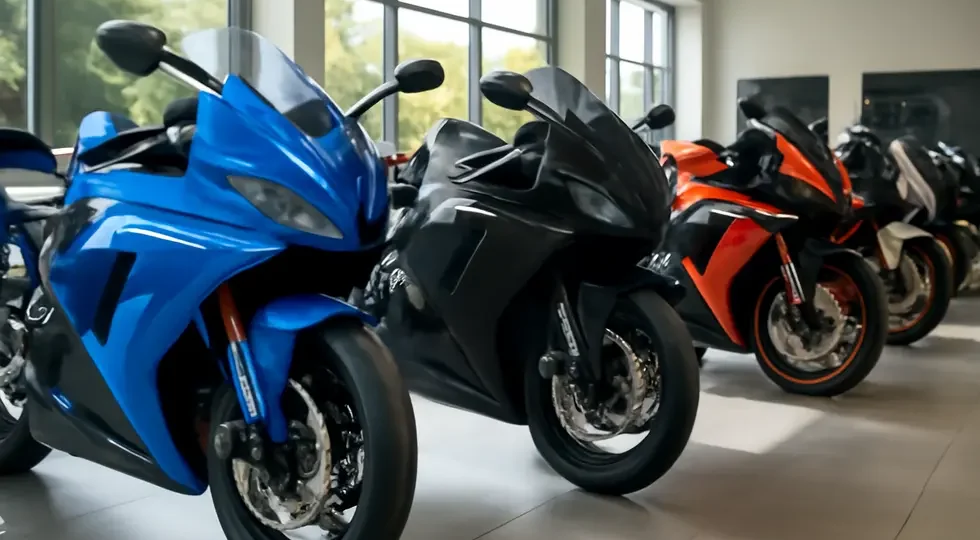 Showroom showcasing a diverse collection of UK motorcycle fairing kits emphasizing innovation and customization.