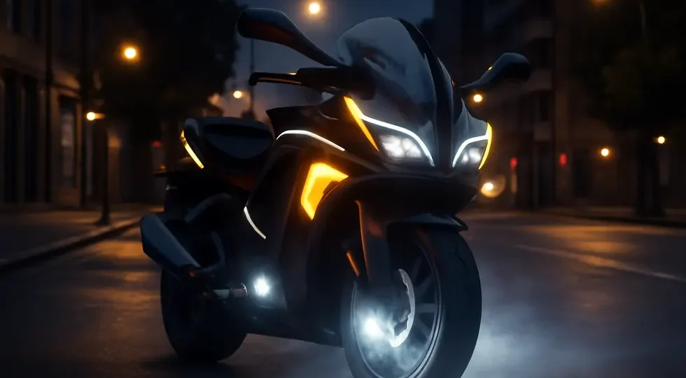 Motorcycle equipped with advanced LED fairing lights operating at dusk, symbolizing enhanced rider visibility and style.
