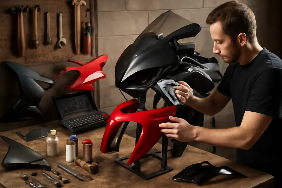 Labeled motorcycle fairing parts highlighting key components and their locations on a sport motorcycle.