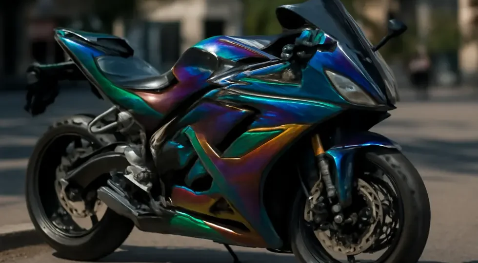 A customized motorcycle showcasing advanced multi-layer paint designs including gloss, metallic flakes, and chameleon effects.