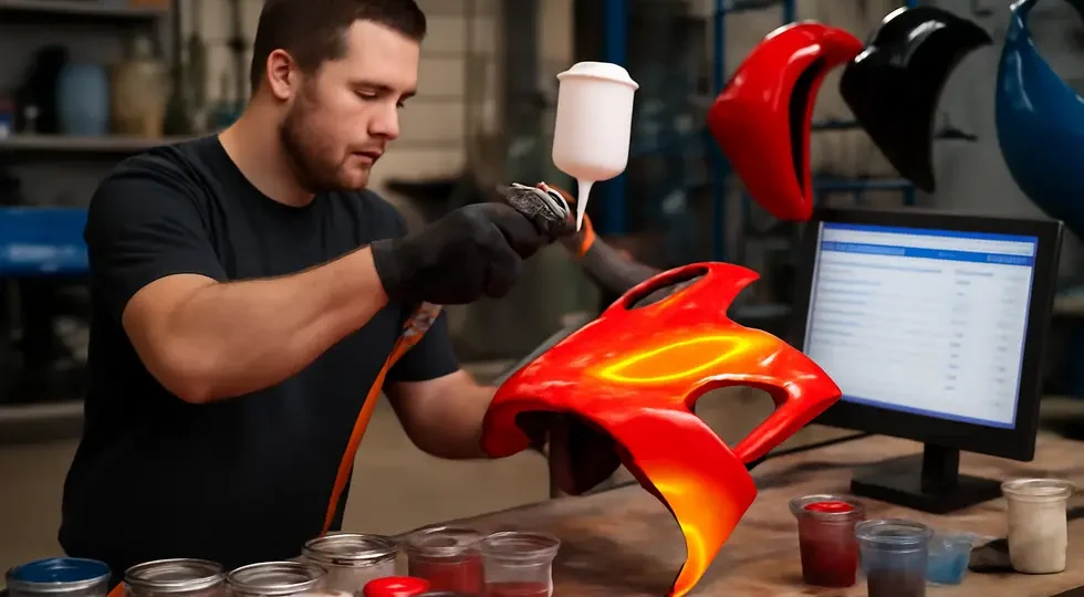 A workshop scene highlighting expert custom paintwork on motorcycle fairings alongside digital tools for locating local paint shops.