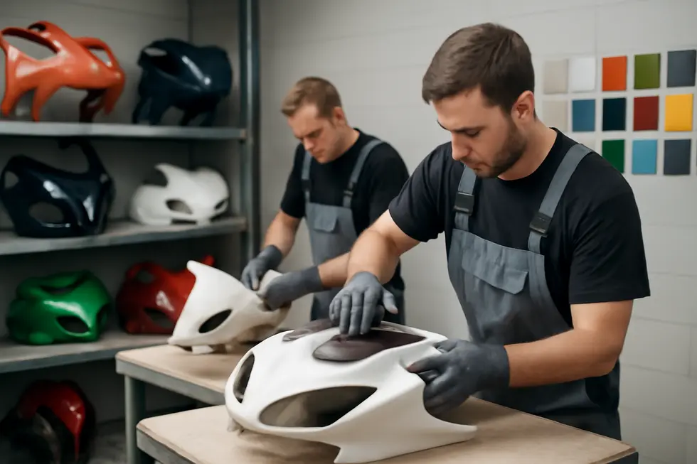 A specialized body shop showcasing technicians preparing and painting motorcycle fairings with precision.