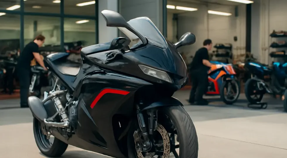 A freshly painted motorcycle outside a professional workshop, illustrating quality fairing painting services nearby.