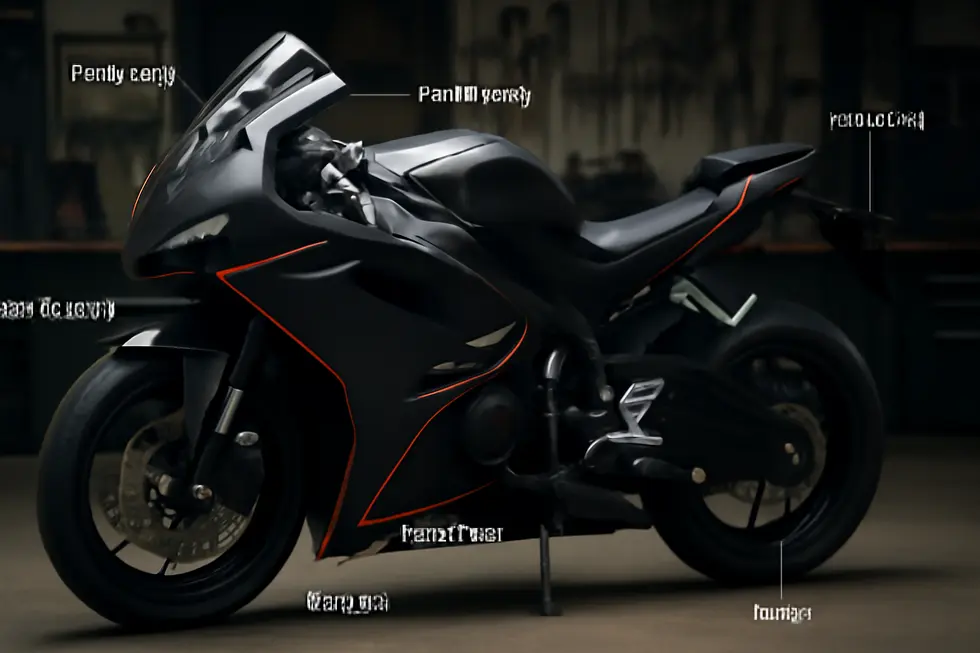 Labeled motorcycle fairing parts highlighting key components and their locations on a sport motorcycle.