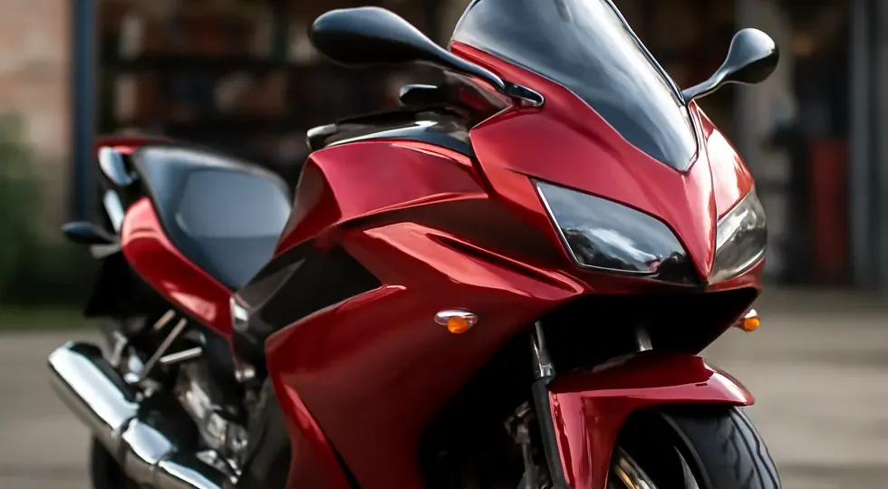 A motorcycle with a flawlessly polished fairing reflecting expert care and professional maintenance standards.