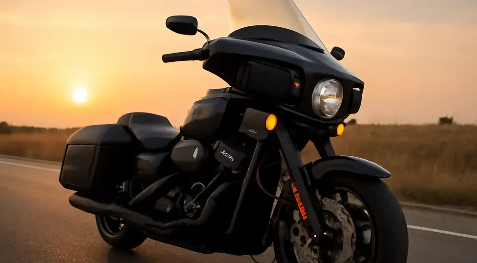 A motorcycle outfitted with elegant and functional fairing pouches, highlighted by warm natural lighting.