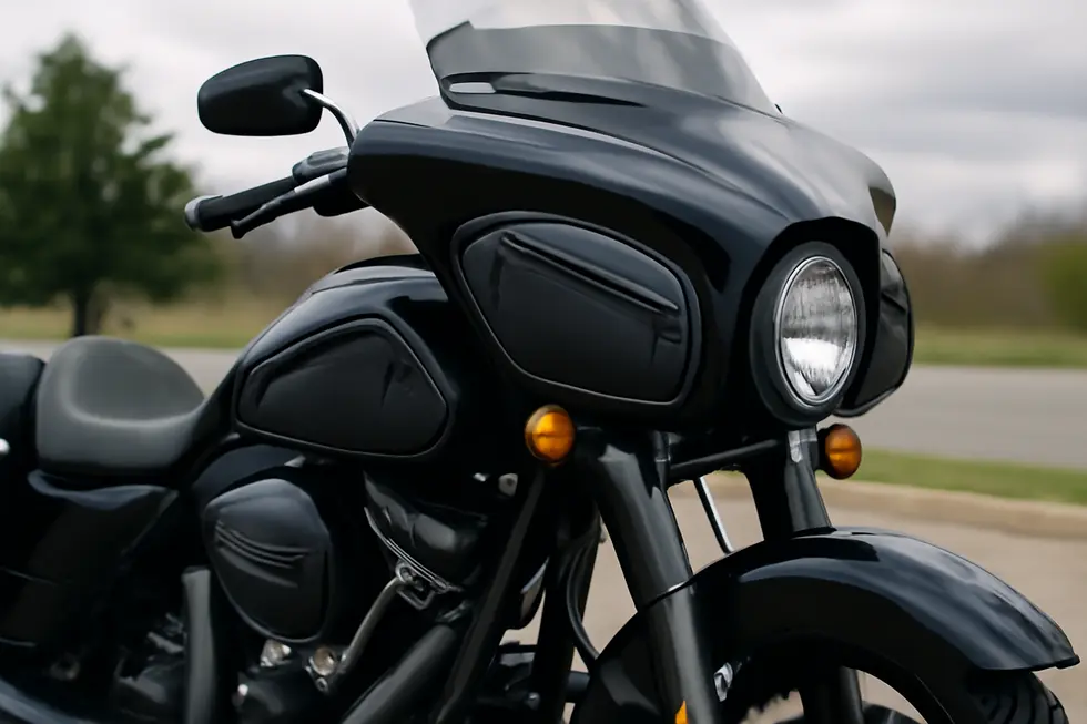 A motorcycle showcasing the design and functional integration of fairing pouches.