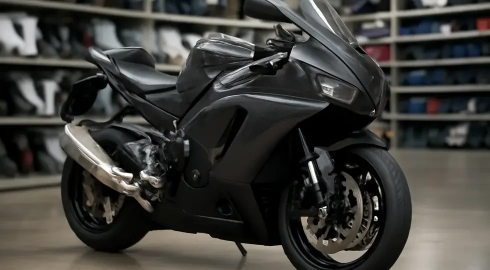 Modern sportbike displayed with a new premium motorcycle fairing kit in a professional showroom environment.