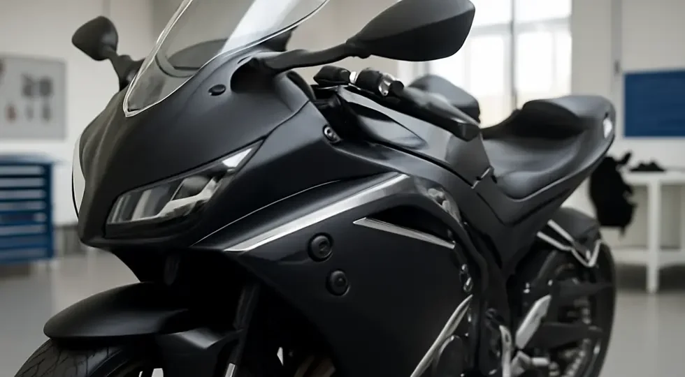 A motorcycle with prominently visible fairing rubber grommets securing its panels, set in a professional workshop.