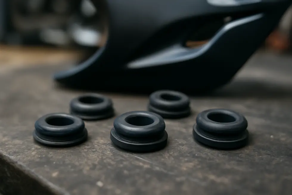 Close-up of durable motorcycle fairing rubber grommets showcasing their resilient material.