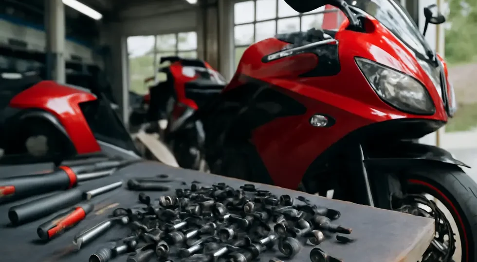 A mechanic’s workstation showcasing motorcycle fairing screws with sportbike fairings, tools, and installation setup.