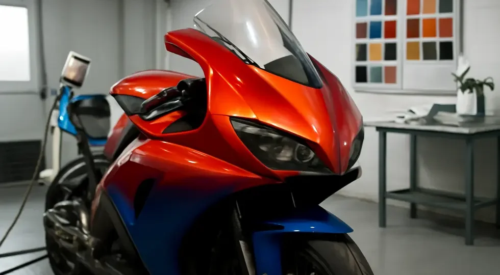 A newly spray-painted motorcycle fairing in a professional workshop, showcasing vibrant color and superior finish quality.
