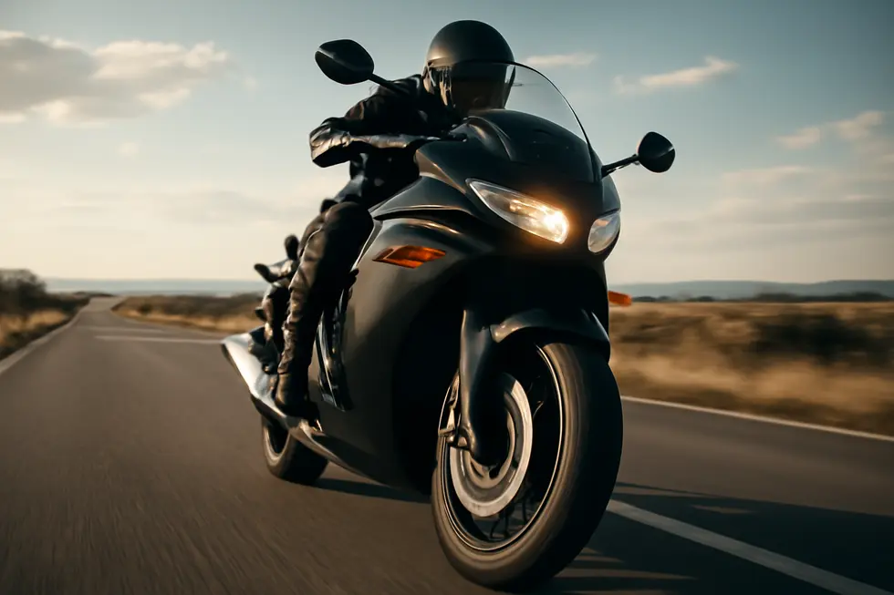 A motorcycle riding on an open road featuring an eye-catching front wheel fairing.