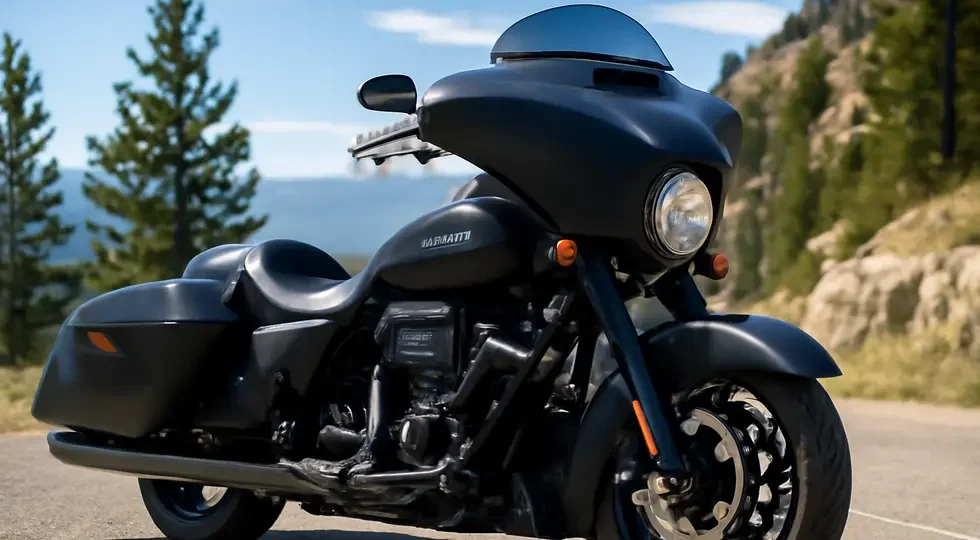 Harley-Davidson touring motorcycle featuring a prominent batwing fairing on a scenic mountain road.