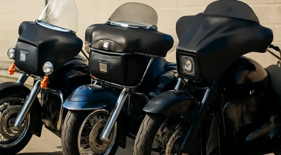 Diverse motorcycle fairing bags showcasing model-specific, replica, and custom options, reflecting functionality and style.
