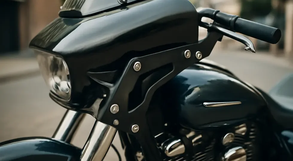 Photo-realistic close-up of a motorcycle fairing bracket assembly mounted on a touring bike showcasing quality and precision fitment.