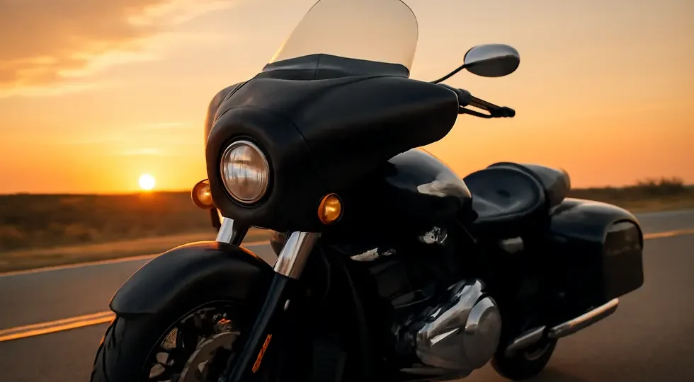 Touring motorcycle equipped with a black fairing bra showcasing protection and style under sunset light.