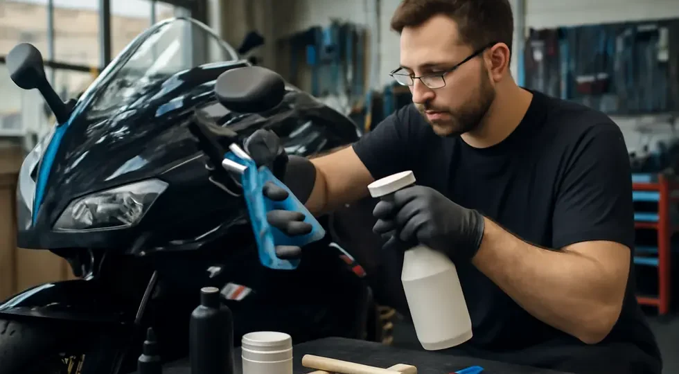 Professional care and cleaning of a motorcycle fairing demonstrating specialized cleaning techniques and tools in a workshop.