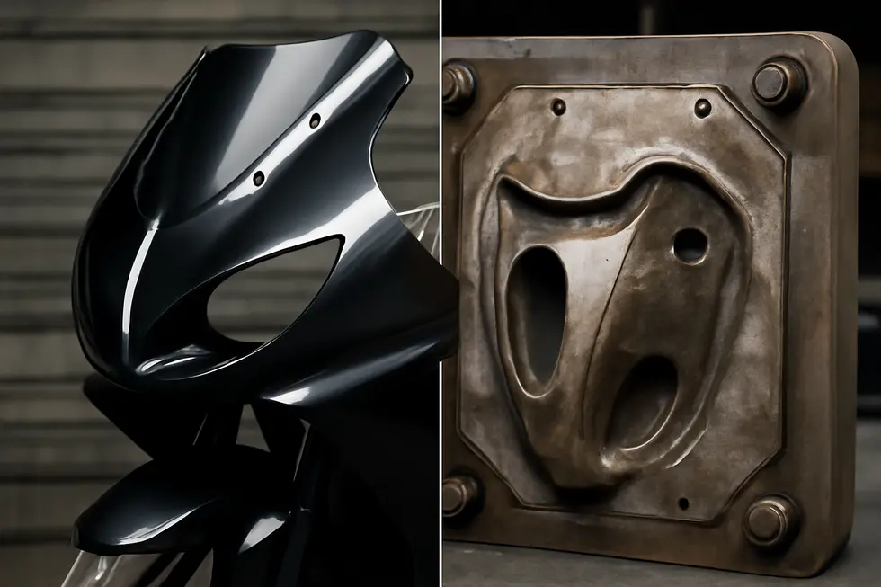 Precision motorcycle fairing mold highlighting detailed design and aerodynamic features.
