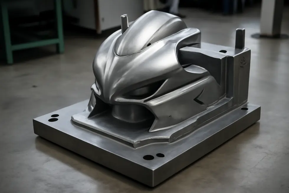 Precision motorcycle fairing mold highlighting detailed design and aerodynamic features.