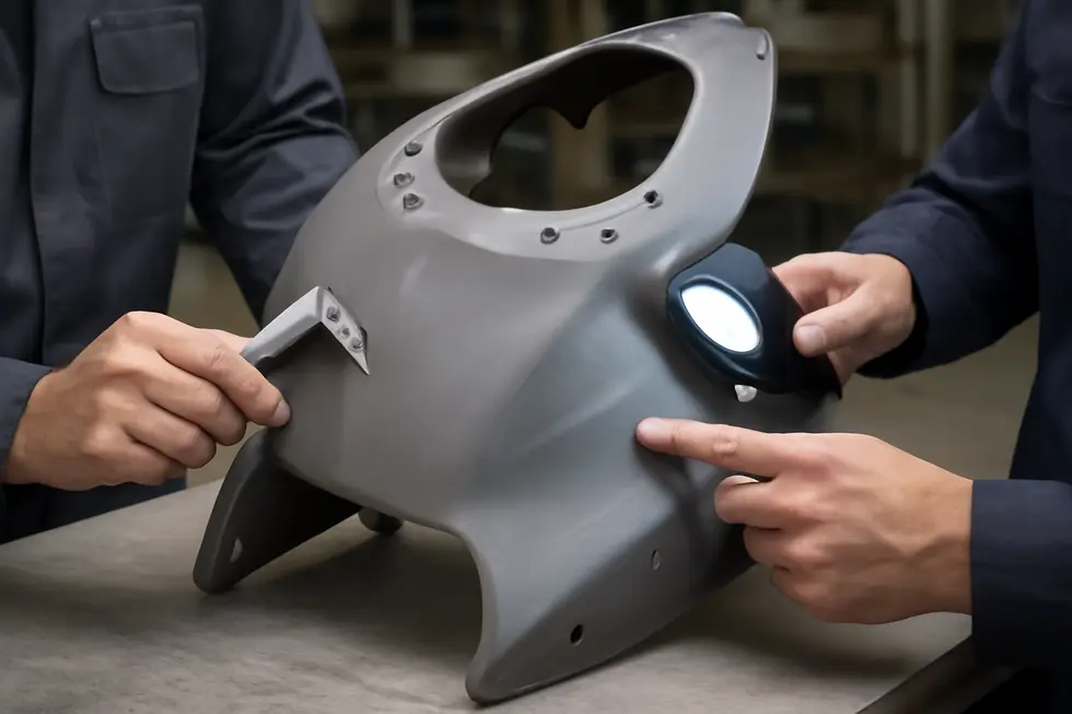 Precision motorcycle fairing mold highlighting detailed design and aerodynamic features.