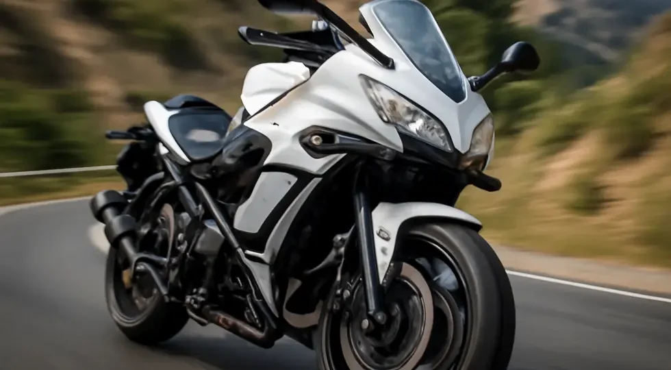 Motorcycle equipped with comprehensive fairing protection riding confidently on a mountain road.