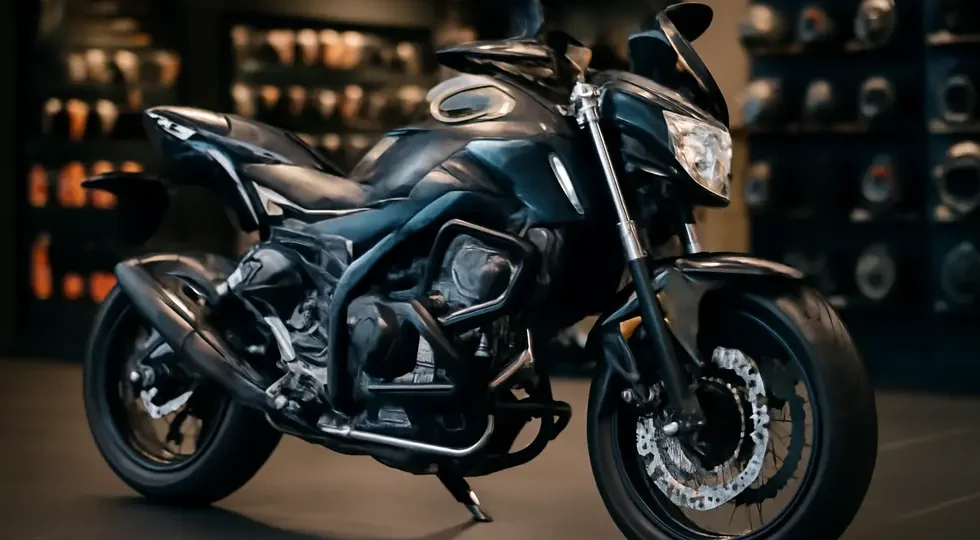 Showroom display featuring a motorcycle equipped with frame-mounted fairing protectors and crash bars emphasizing protection and style.