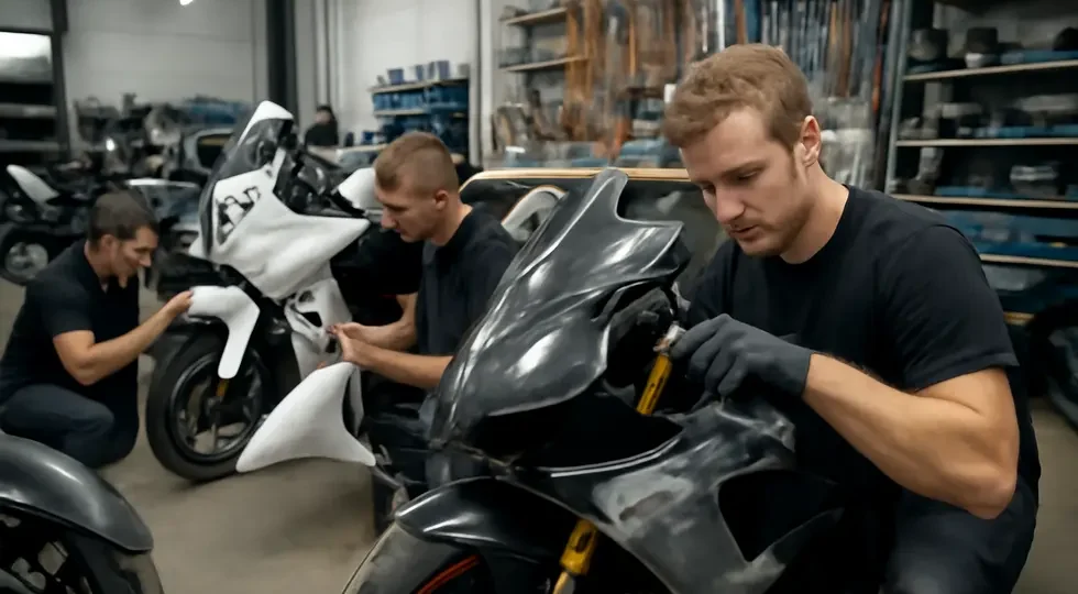 A modern motorcycle repair workshop handling fairing repairs with experienced technicians and well-organized tools.