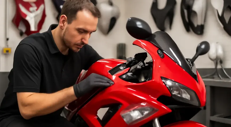 A skilled technician performing precise motorcycle fairing repair in a well-equipped professional shop.