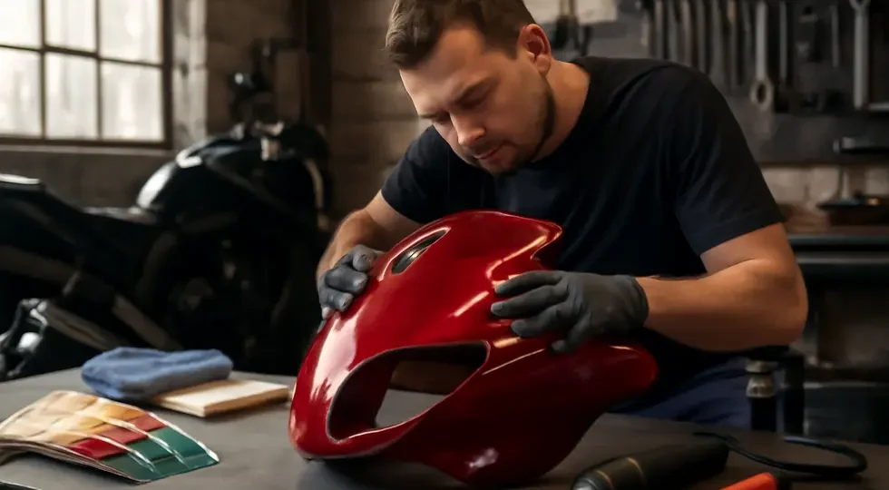 Professional motorcycle fairing restoration in a workshop highlighting tools and flawless surface finishing.