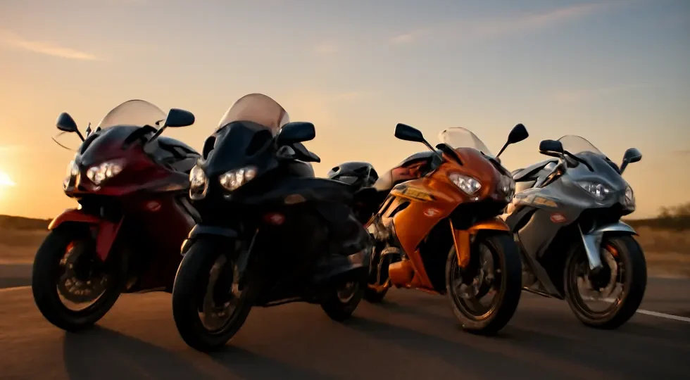 Motorcycles featuring a range of premium fairings on a scenic open road, reflecting the comprehensive coverage of fairing performance and design.