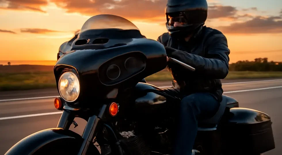Motorcycle with integrated fairing stereo system riding on highway at sunset, highlighting audio innovation and riding experience.