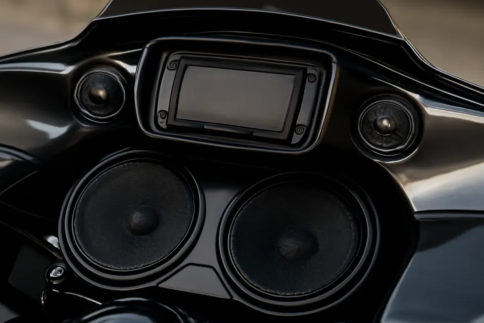 Detailed view of a modern motorcycle fairing stereo system highlighting its protective design and premium speaker components.