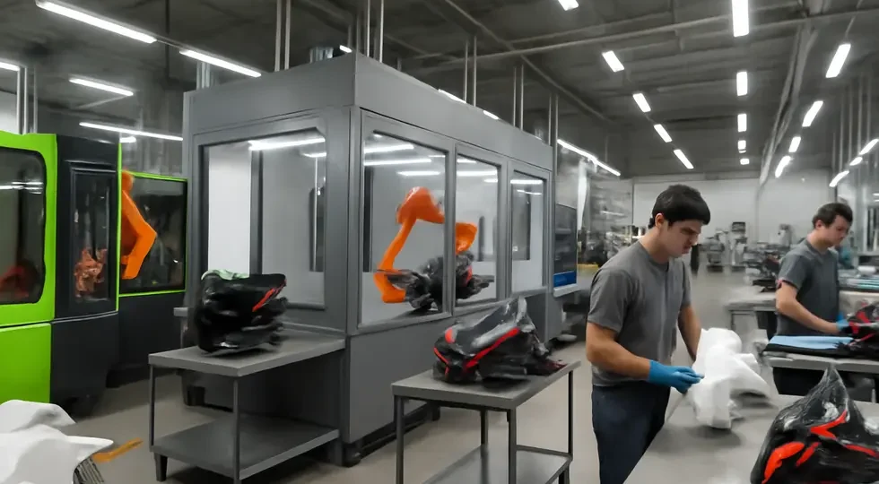 Comprehensive manufacturing process of motorcycle fairings from molding to finishing and inspection in a modern factory.